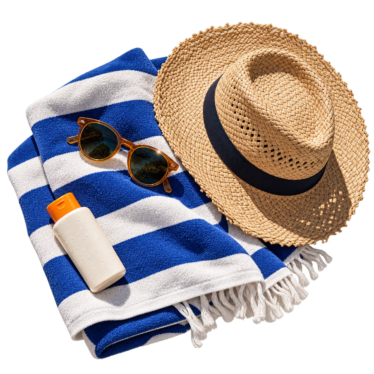 Toalla, sombrero y gafas de sol